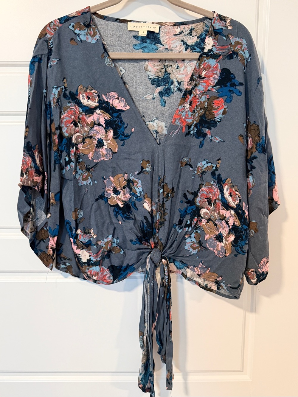 Love Stitch Floral Tie-Front V-Neck Top Boho Chic!